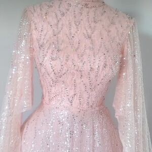 Soft Pink Full Beaded Floor Length Gown Cape Sleeve High Neck Zipper Back Modest